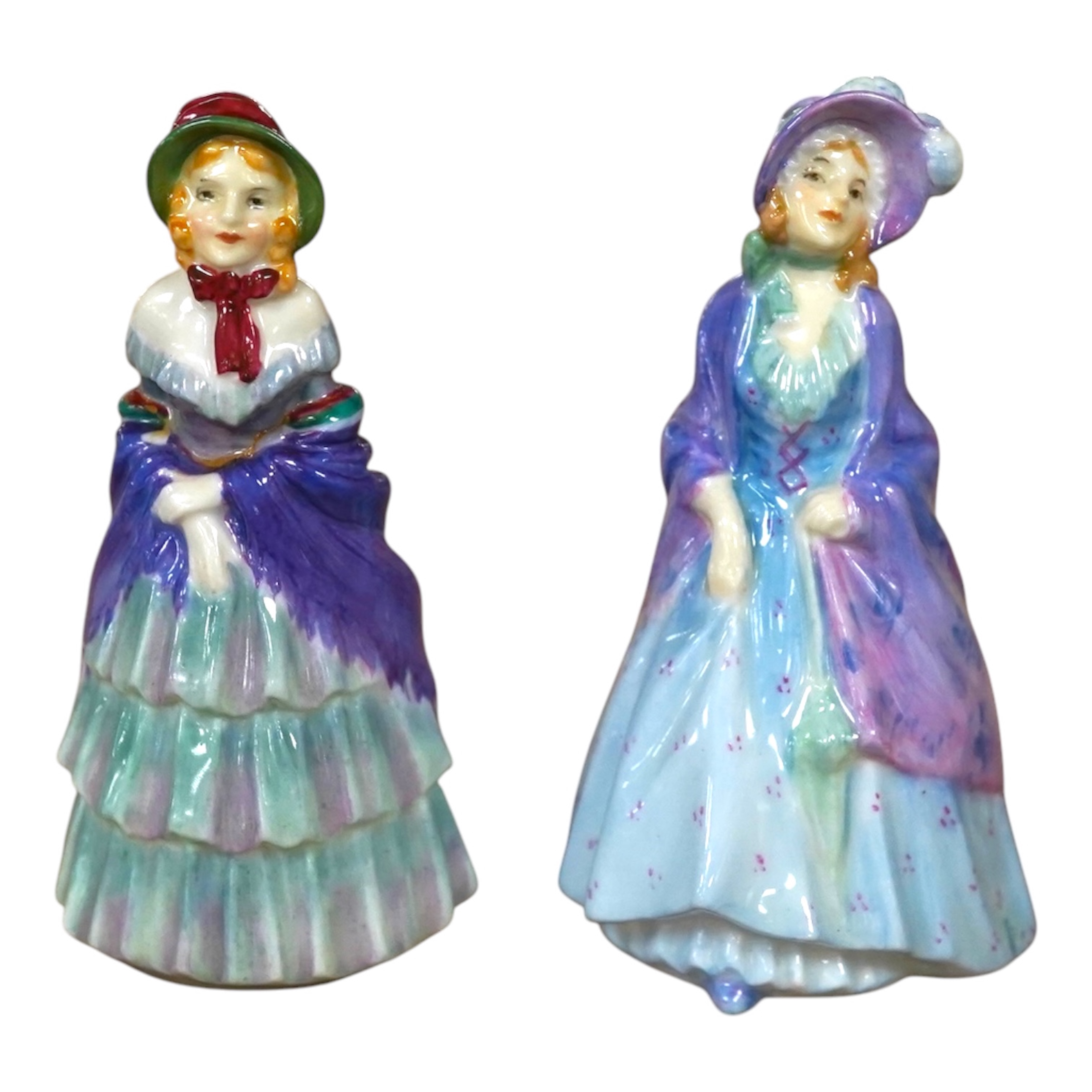 Two Royal Doulton M-series figures, M2 A Victorian Lady and M3 The Paisley shawl, 10cm high. Condition - one repaired